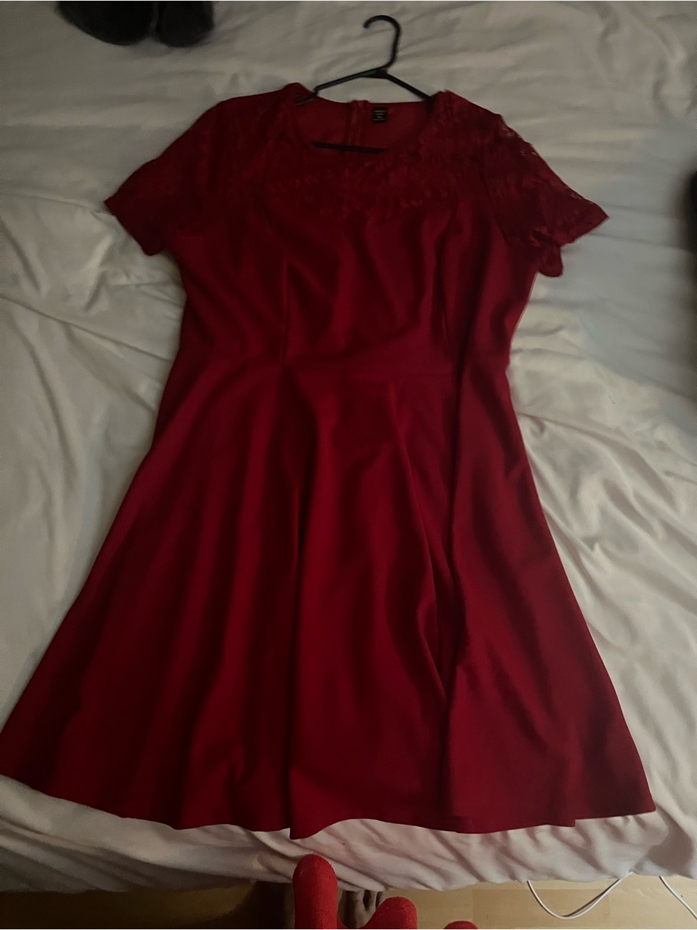 SHEIN Red Lace Yoke Fit & Flare Midi Dress